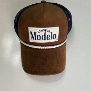 Cerveza Modelo Brown Corderoy Navy Mesh Snapback Trucker Cap with White Braid